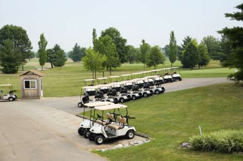Parked golfcarts all in a row