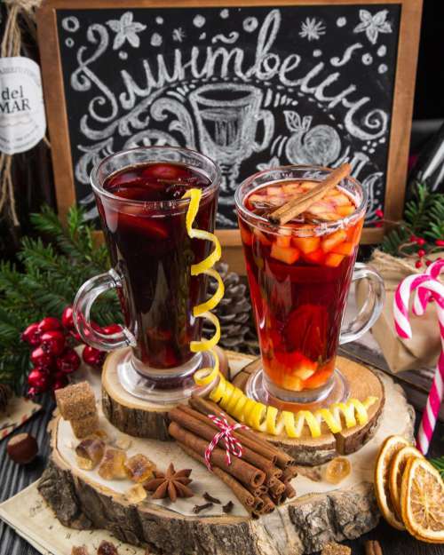 Close up of glasses filled with mulled wine
