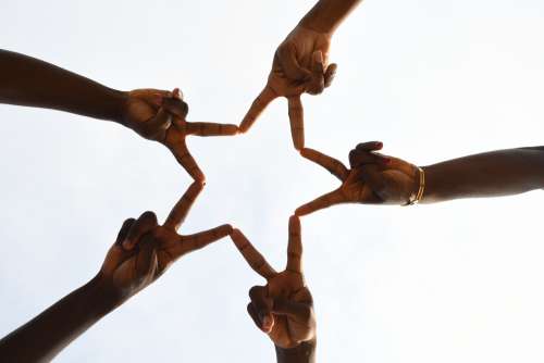 hands, fingers, star, association, club, gestural, symbol, sign, victory, success, peace, happiness, people, friends, group