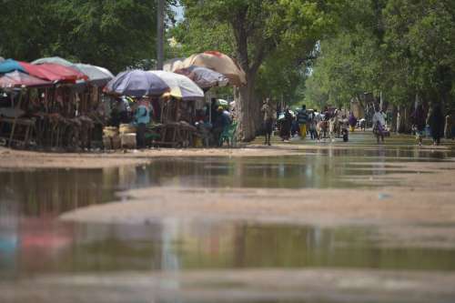 water, flood, rain, people, weather, street, road, people, goods, market, puddles