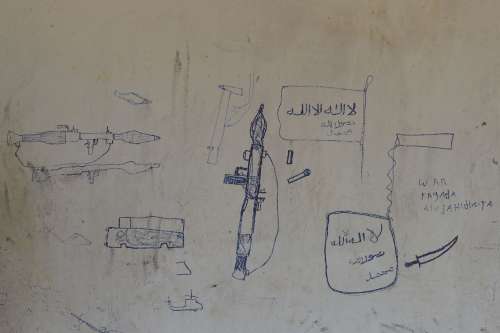 drawings, wall, weapons, war, Arabic writing, handmade