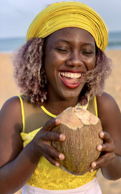 people, coconut, drink, juice, woman, smile, facial expression, joy, happiness, funny faces, mimic