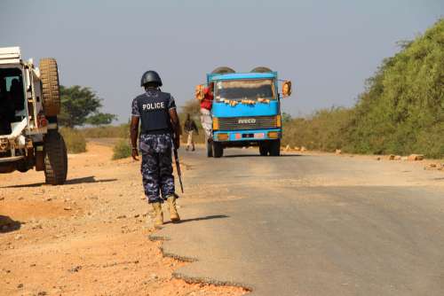 vehicle, road, truck, people, road safety, by the roadside, police, checkpoint, soldier, uniform, work, walk