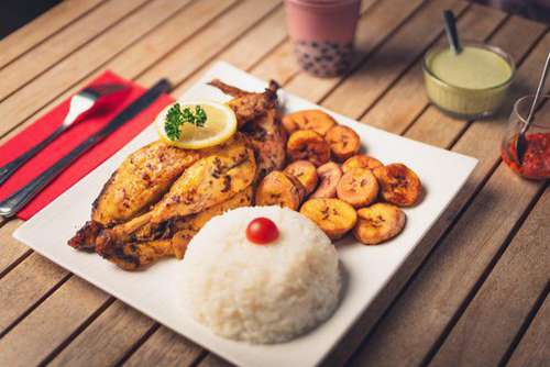 food, meat, delicious, meal, dinner, plate, dish, lunch, cooking, table, chicken, pork, diet, nutrition, cuisine, restaurant, rice, plantain, banana, flavor, taste