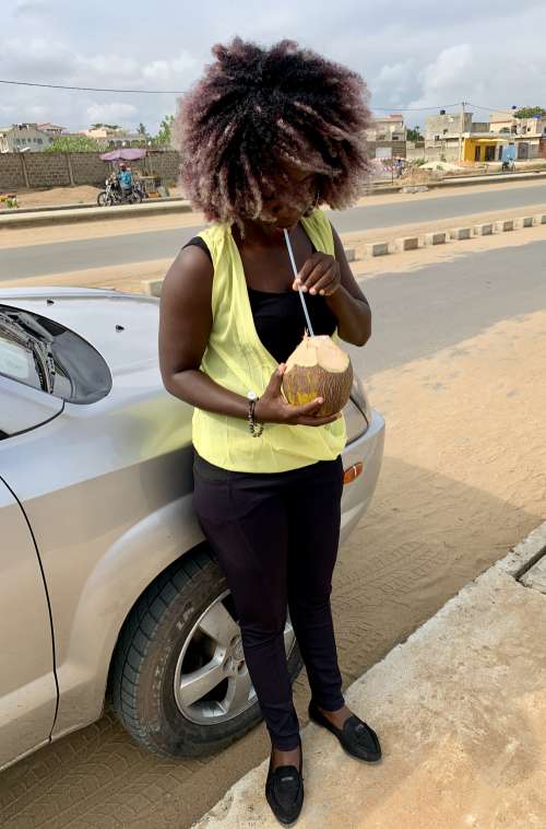 woman, people, drink, coconut water, parked car