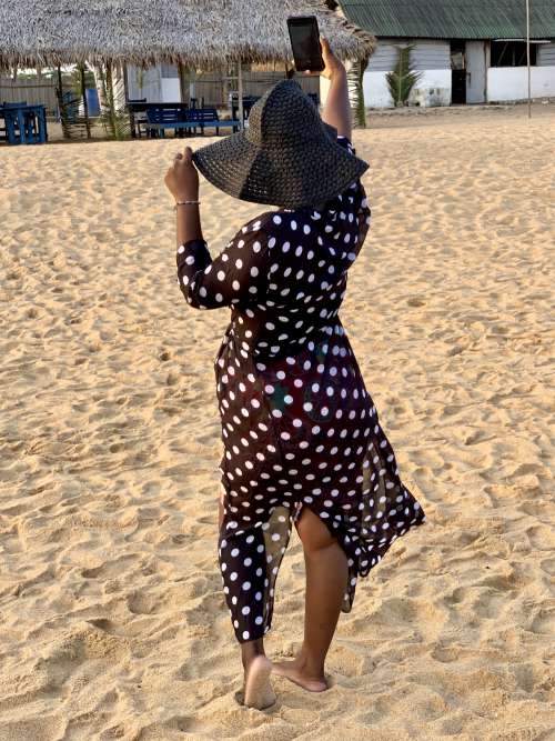 woman, pose, posture, model, fashion, beach, people, shore, sand, walking, selfie, phone, hat