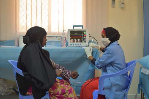 woman, veil, scarf, work, facial expression, analysis, examination, checkup, health care, machine, hospital, mask, gloves, covid19, COVID-19, pandemic