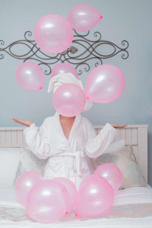 people, woman, balloons, festive, happiness, gestural, celebration, pink balloons