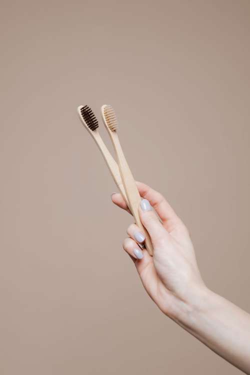 Female dentist doctor holding a bamboo toothbrushes