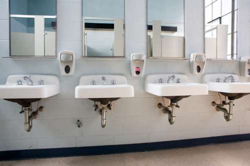 Sinks and mirrors in public restroom