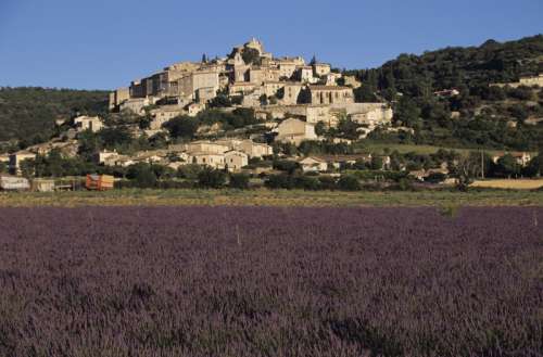 Village of Aurel above lavender fields, Provence, France