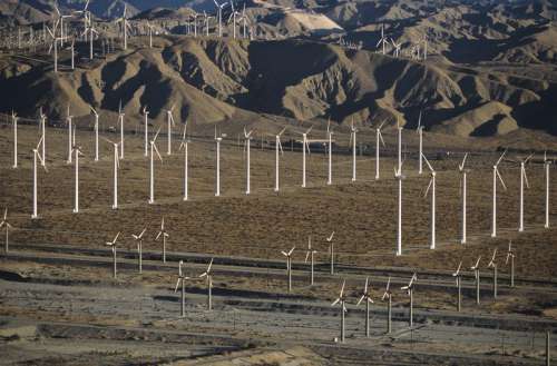 Renewable energy wind turbines, Whitewater, CA, USA,, (High angle view)