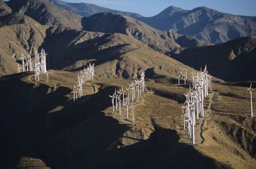 Renewable energy wind turbines, Whitewater, CA, USA,,, (Aerial view)
