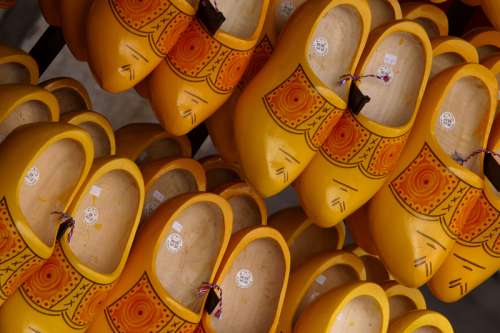 Rows of wooden shoes