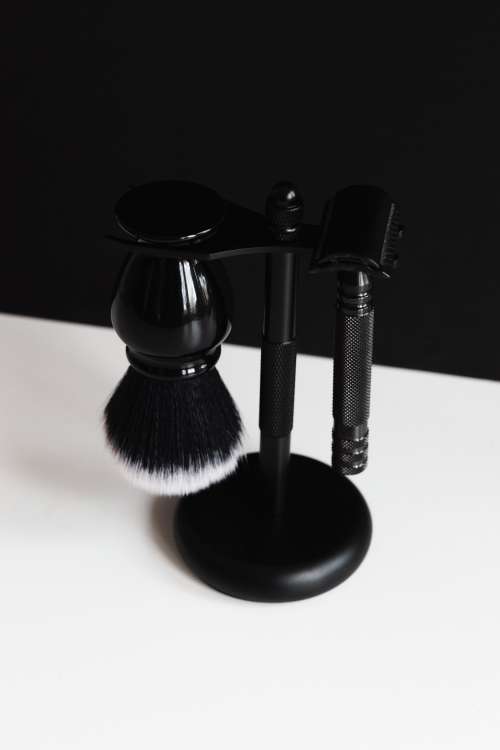 Shaving Kit In Stand On Black And White Photo