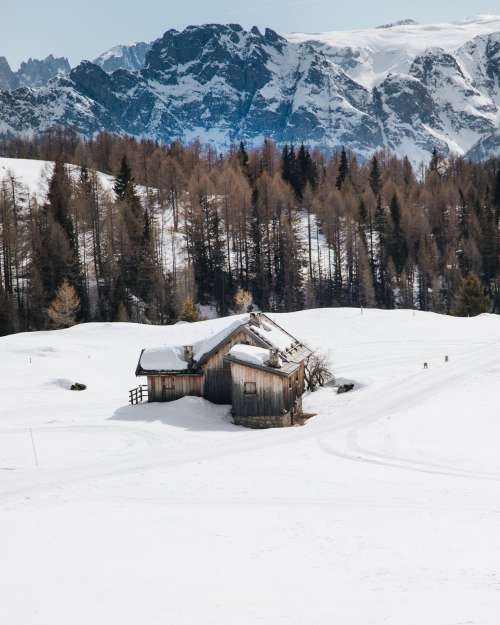 Isolated Wood Cabin In Snow Photo