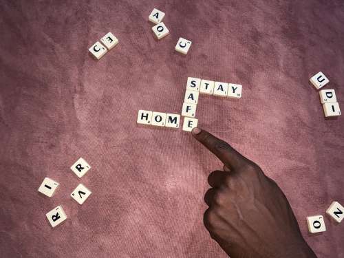 coronavirus, covid19, COVID-19, board games, scrabble, words, vocabulary, awareness, message, self isolation, barrier gestures, advice, hand, playing, index, fun