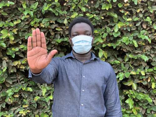 man, barrier gestures, coronavirus blockade, COVID-19, stop covid19, awareness, facial expression, prevention measures, pandemic, epidemic, protective mask, gestural, people