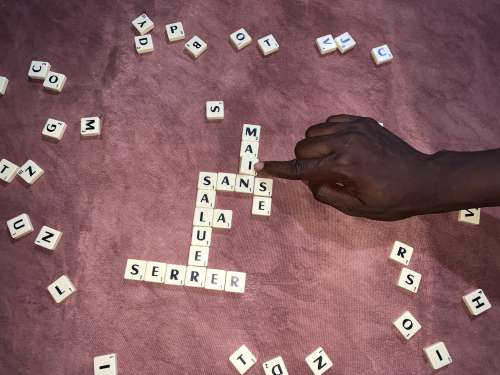 coronavirus, covid19, COVID-19, board games, scrabble, words, vocabulary, awareness, message, self-isolation, social distancing, health crisis, barrier gestures, advice, hand, playing, index, fun