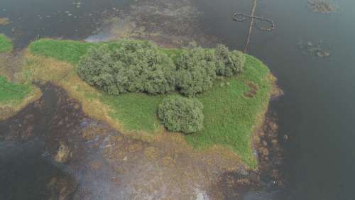 panoramic view, lakeside town, dugout, canoe, landscape, sky view, flora, island, river, greenery, lake, trees