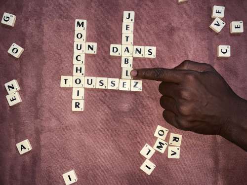 coronavirus, covid19, COVID-19, board games, scrabble, words, vocabulary, awareness, message, self-isolation, barrier gestures, advice, hand, playing, index, fun