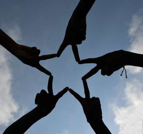 hands, star fingers, gestural, symbol, sign, people, victory, peace, happiness, success, association, group, friendship, partnership, solidarity