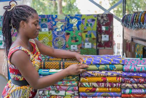 loincloth, fabrics, sale, traditional, tchigan, wax, shop, trade, exhibition, market, patterns, magnificent, chic, fashion, colors, African prints, people, woman, saleswoman, customer