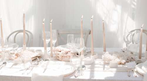 Close Up Of Pink And White Wedding Table Setting Photo