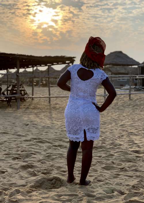 beach, people, sand, girl, ocean, woman, sunset, leisure, summer, white dress, pose, posture, fashion, model