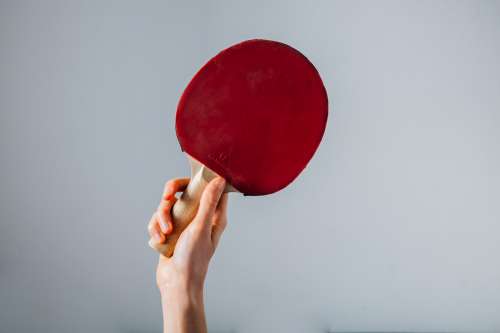 Hand Holding Red Ping Pong Paddle On Grey Background Photo