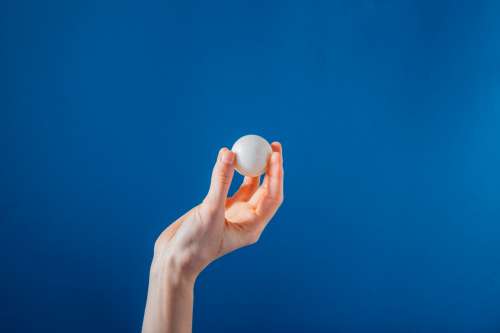 Hand Holding Ping Pong Ball On Blue Background Photo