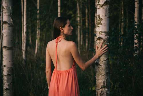 A girl in a backless dress in the woods