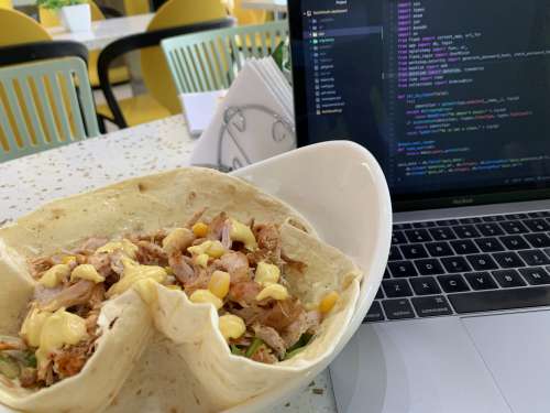shawarma, sandwich, food, healthy meal, dish, laptop, computer, meat, mayonnaise, laptop, computer, code, developer, lunch break, wrap, nutrition, diet