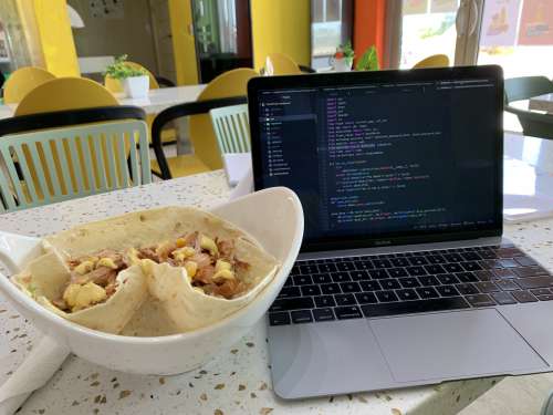 shawarma, sandwich, wrap, food, nutrition, diet, lunch break, healthy meal, laptop, computer, meal, dish, fast food, restaurant, snack, developer, coder