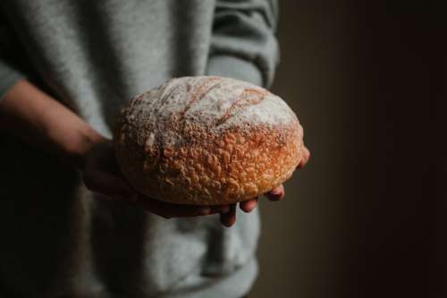 Hands Cradle Fresh Sourdough Bread Photo