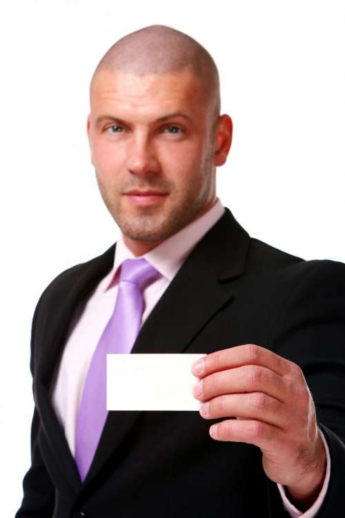 business man with blank calling card isolated on white