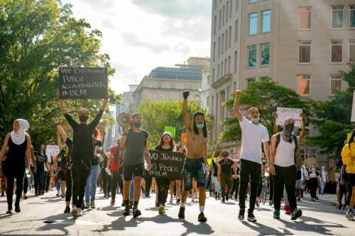 LIne of street protesters, Black Lives Matter rally