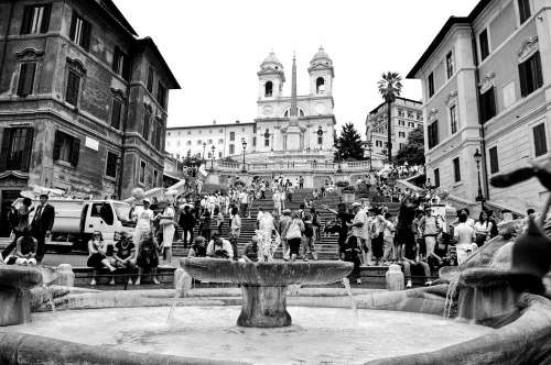 Spanish Staircase In Rome With Fountain