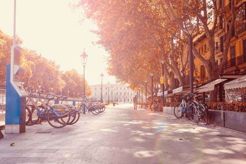 European Street In Autumn Fall With City Bikes