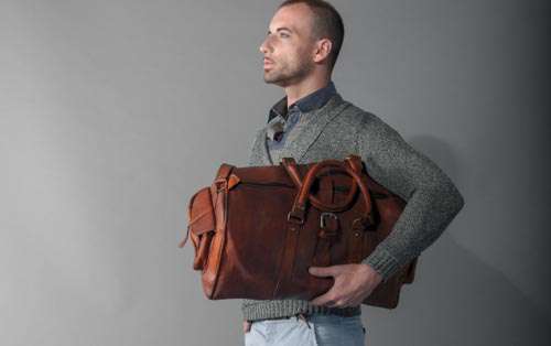Man In Autumn Fashion With Leather Bag  Pensive