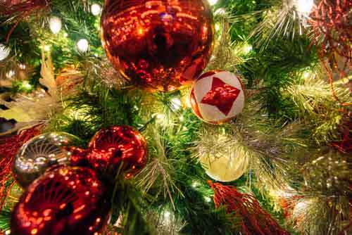 Ornaments On A Festive Christmas Tree