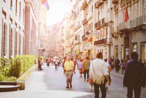 Busy European City Street With Shoppers