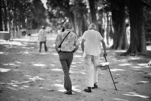 Elderly Men Besties Walking In Parisian Park