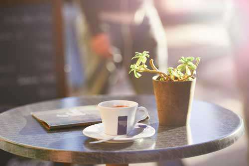 Morning Coffee On Outside Cafe Table With Plant & Menu