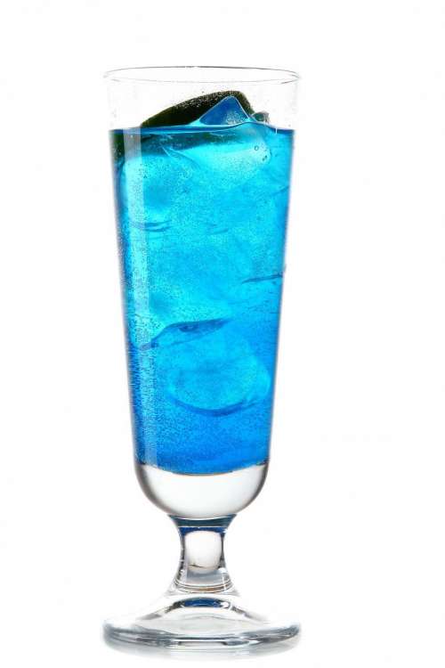 light blue cocktail over ice