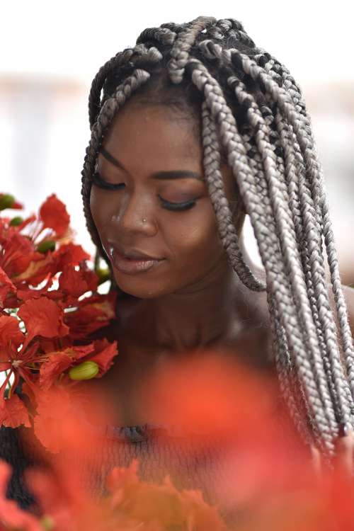 people, beauty, pretty girl, nice, style, pose, posture, elegant, makeup, aesthetic, smile, fashion, facial expression, red flowers, braids, hairstyle, haircut