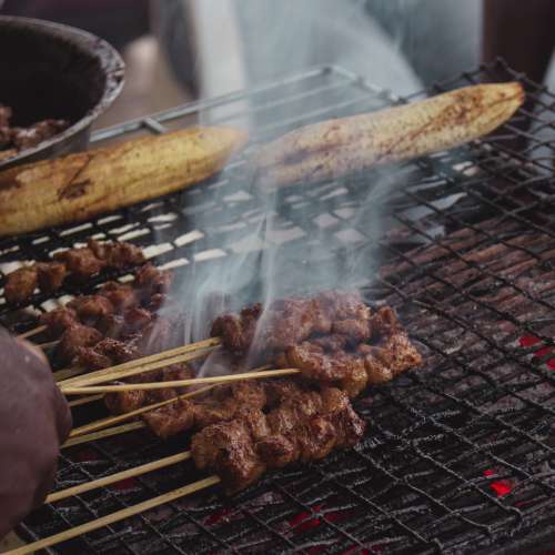 smoke, barbecue, BBQ grill, food, meat, cooking, preparation, skewers, cookout, beef, lunch, taste, flavor, nutrition, diet, streetfood, plantain, banana