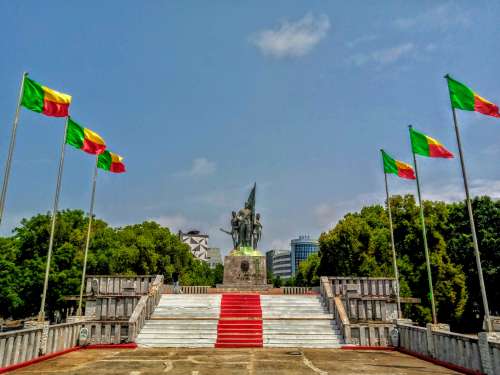 public place, monument, statue, landscape, Benin, flags, sculpture, memorial