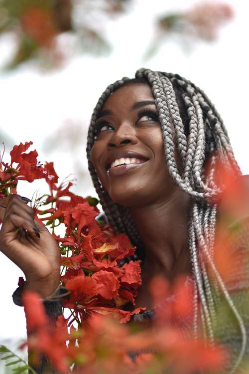 people, beauty, pretty girl, nice, style, pose, posture, elegant, makeup, aesthetic, smile, fashion, facial expression, red flowers, braids, hairstyle, haircut, girl, look, happiness, woman, joyful