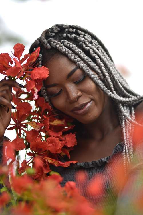 people, beauty, pretty girl, nice, style, pose, posture, elegant, makeup, aesthetic, smile, fashion, facial expression, red flowers, braids, hairstyle, haircut, girl, woman, happy, joyful, wink